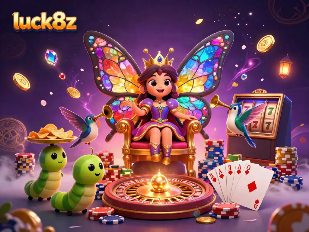 Experience luck8z in a vibrant casino realm with a colorful butterfly queen surrounded by exciting gaming elements.