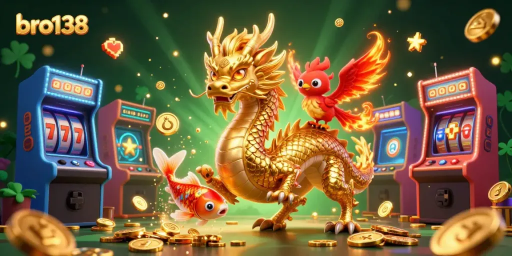 Experience the excitement of bro138 with a golden dragon, colorful gaming machines, and shiny coins.