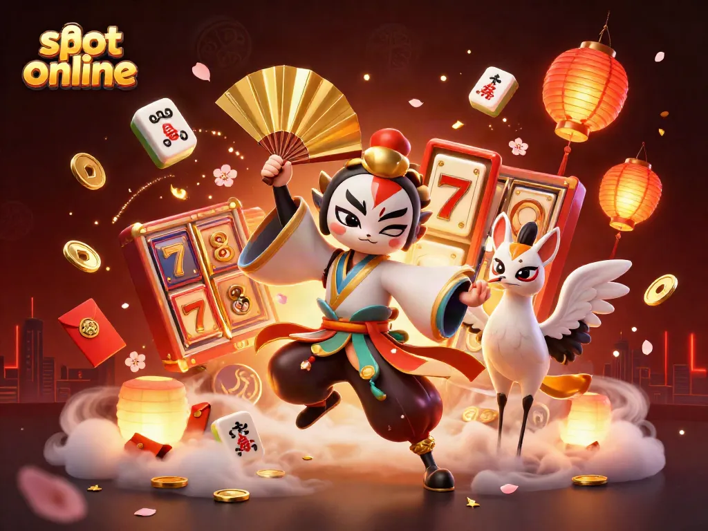 Menang slot online dengan kombinasi simbol keberuntungan, karakter tradisional, dan elemen kasino.