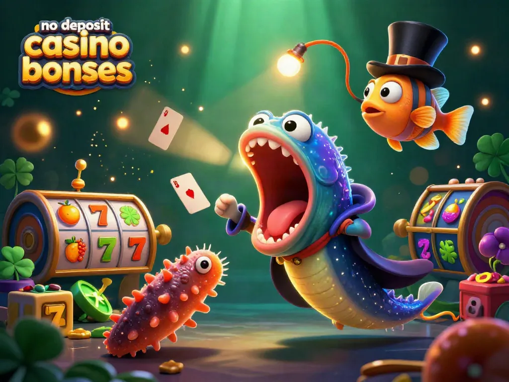 No deposit casino bonuses pop with a bioluminescent eel magician, anglerfish, and comedic sea cucumber in a vibrant 3D gaming scene.