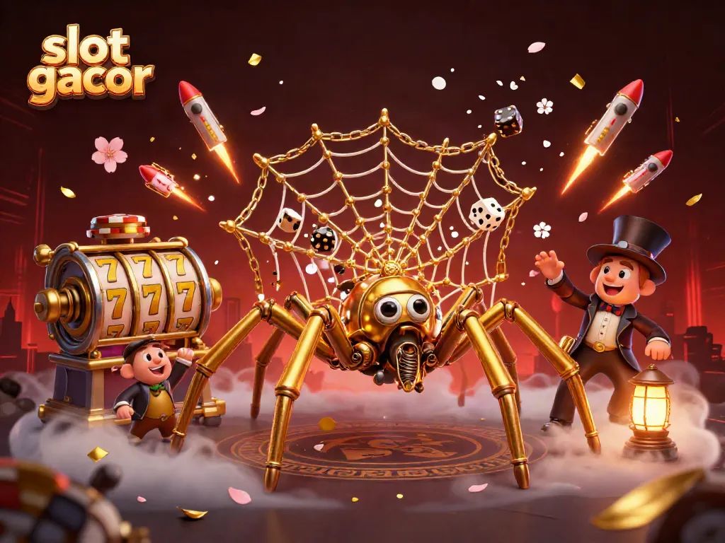 Engaging illustration of slot gacor featuring a steampunk spider and casino elements.