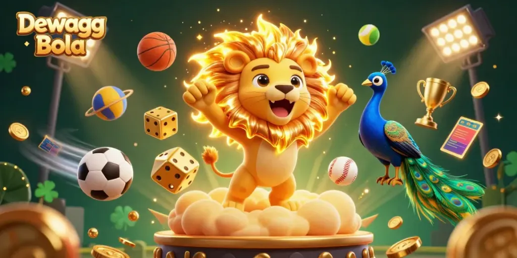 Experience winning thrills with Dewagg Bola in this vibrant 3D casino scene featuring a roaring sun lion.