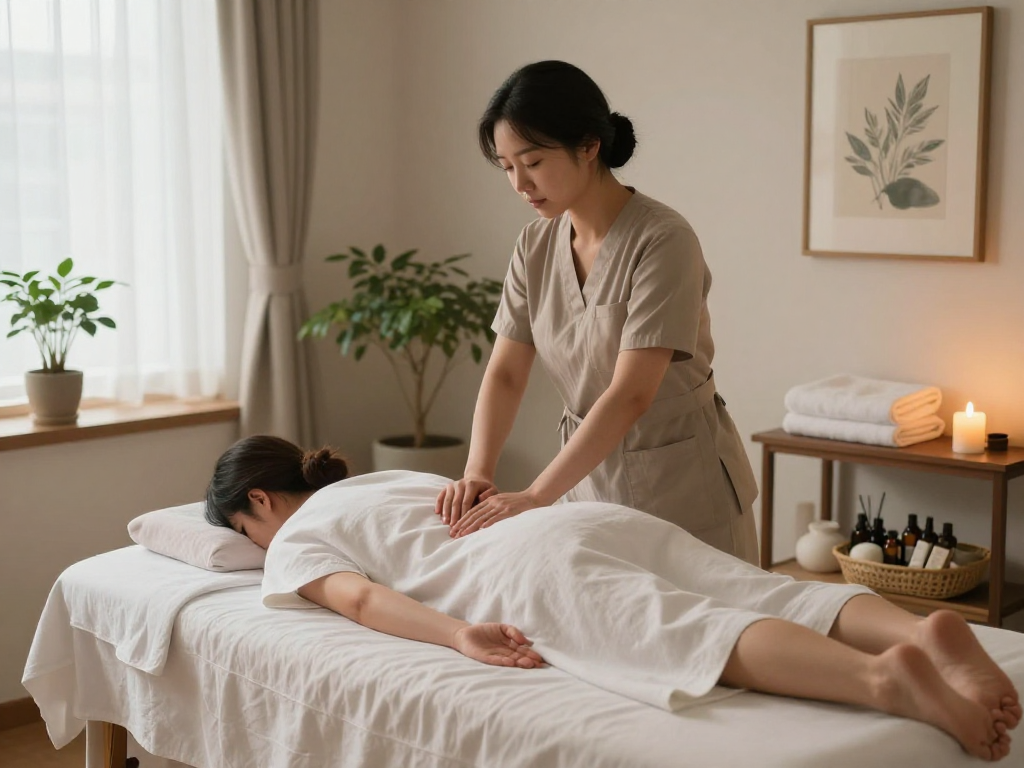 Relaxing 강동구출장안마 scene with a therapist and client in a peaceful wellness studio.