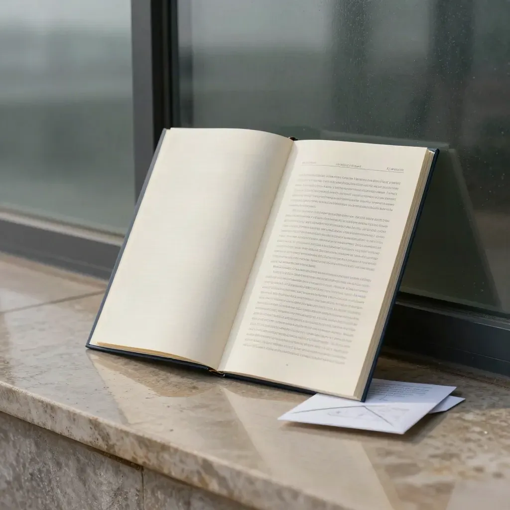 Ivory equity briefing folio, watchlist packet, macro notes and sealed envelope on wet stone.