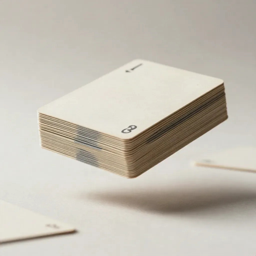 Floating ivory stock watch card deck with a slate divider on a soft parchment field.