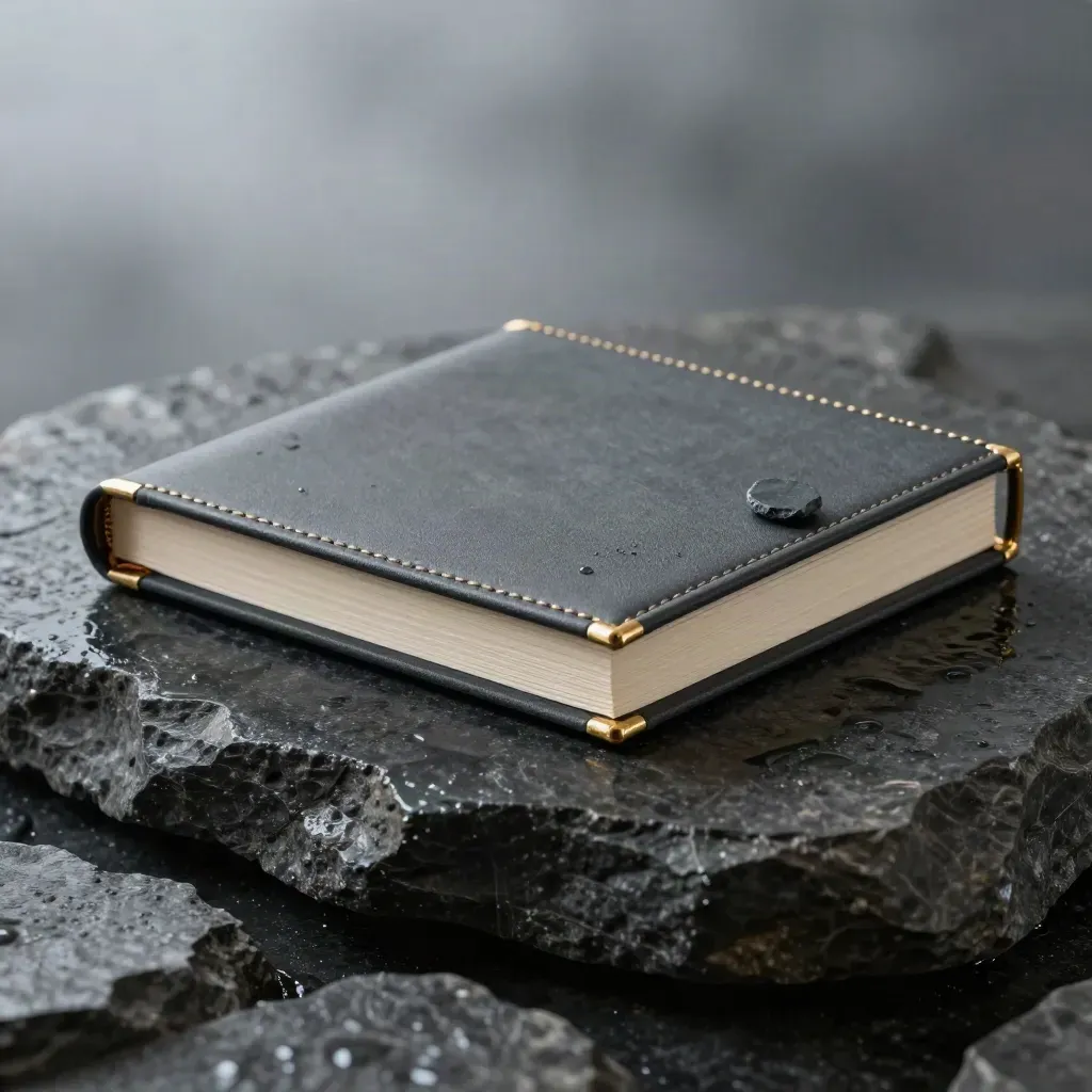 Wet basalt close-up of an earnings gap sheet folio with gold edge and shifting insert.