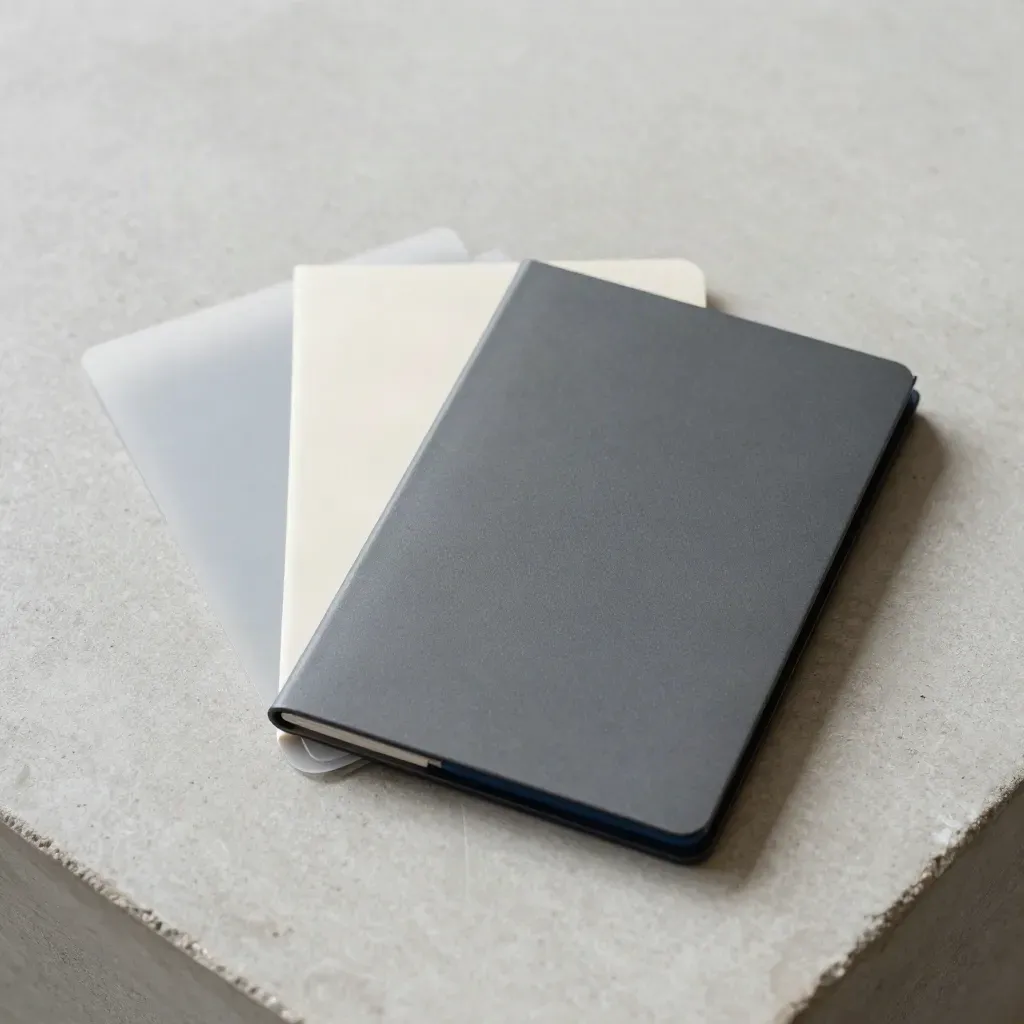 Overhead finance packet with translucent tabs on pale concrete