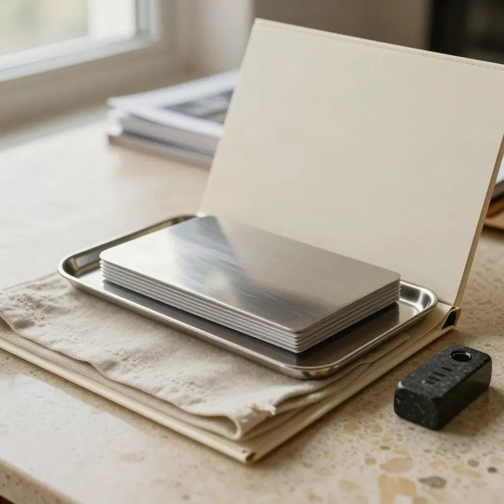 Earnings report bundle in ivory folio on travertine with metal tray and stone paperweight.