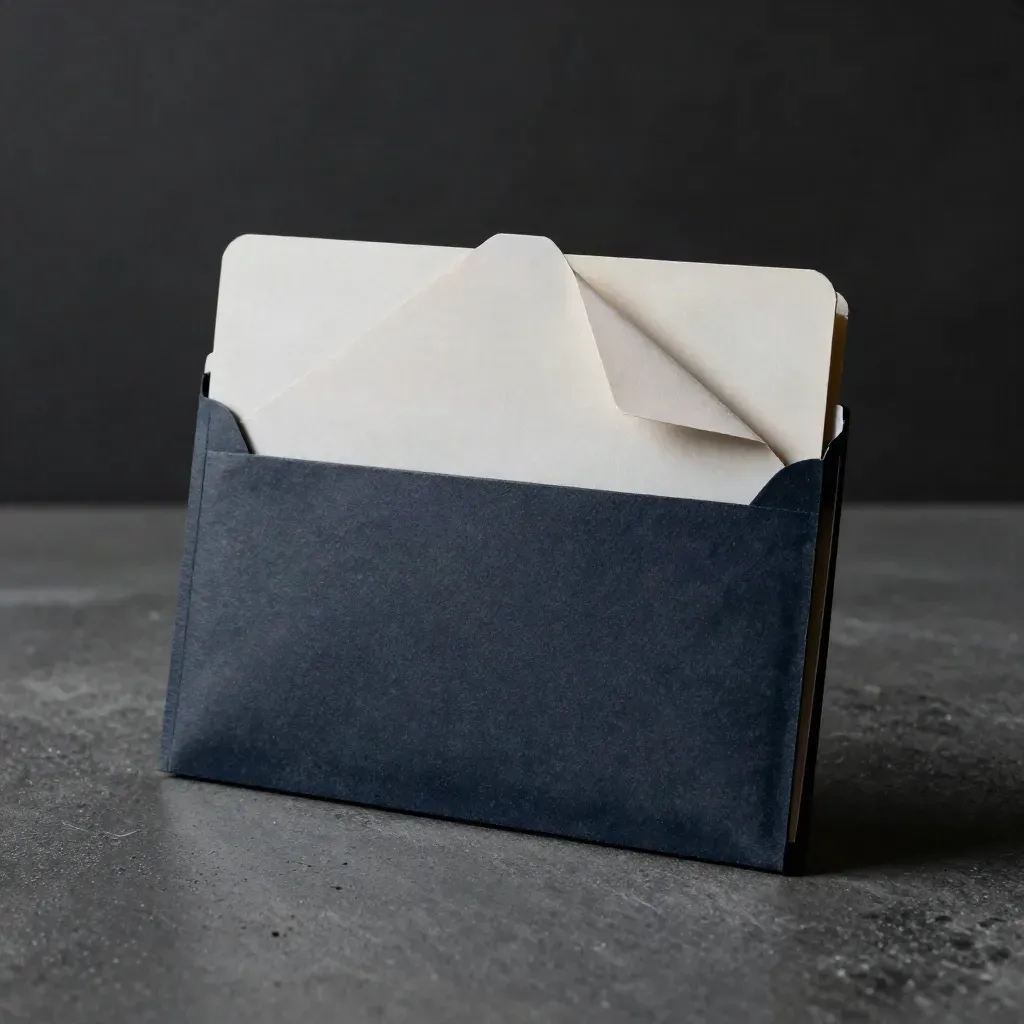 Dark market briefing sleeve with lifted flap and layered cards on brushed concrete in studio light