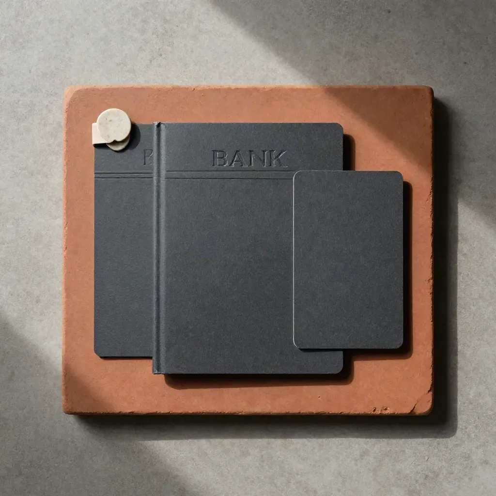 Overhead flatlay of slate bank note cards, a pale stone clip, and terracotta slab light.