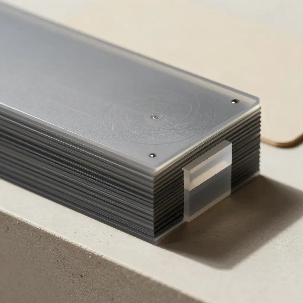 Macro of a metallic gray AI sector radar deck with translucent sheets and frosted spacer on pale stone.