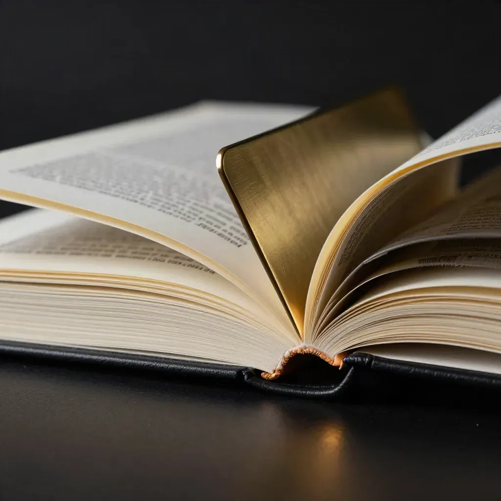 Macro of an open premium research folio with brass divider and sealed packet on black surface