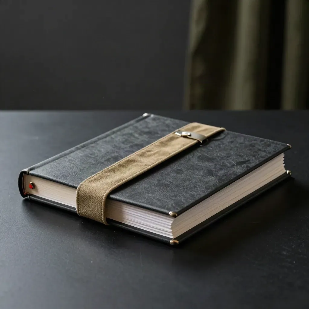 Premium dividend research folio with cloth band, metal clip, and layered inserts on a dark surface.