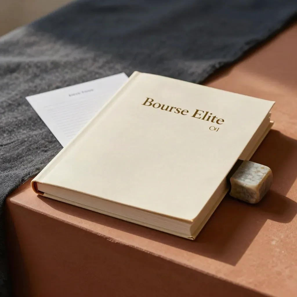 Cream research folio with memo card and brushed-stone weight on a terracotta ledge