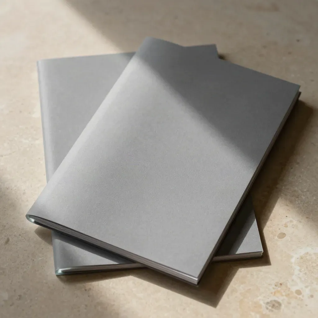 Top-down macro of a cool gray ETF split folio with a lifted frosted acrylic sheet