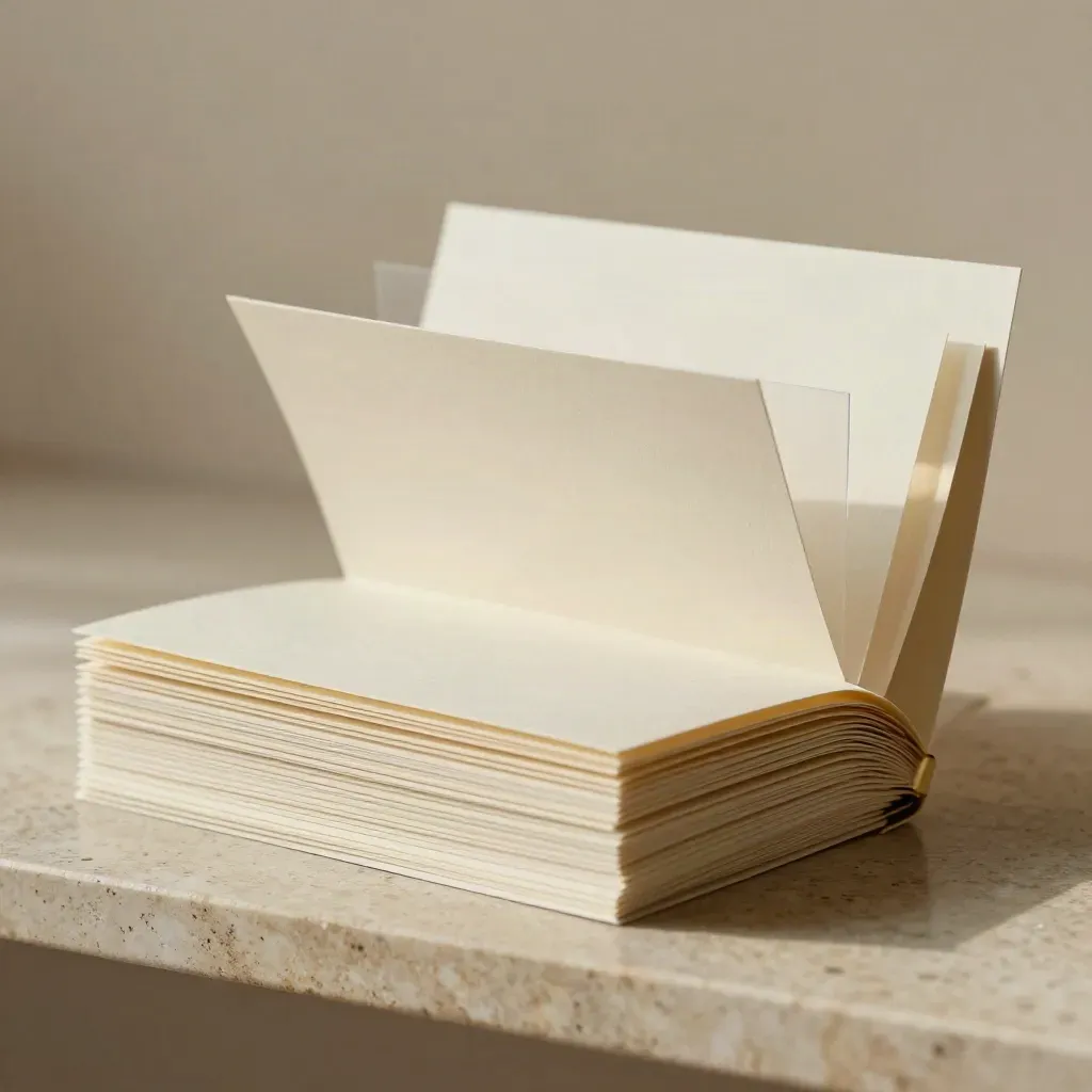 Macro of an ivory growth stock kit with layered inserts and a fanned translucent divider on travertine.