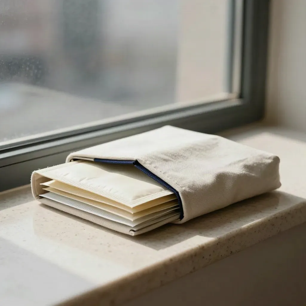 Cream starter market kit with folded packet and linen wrap on a travertine window ledge.