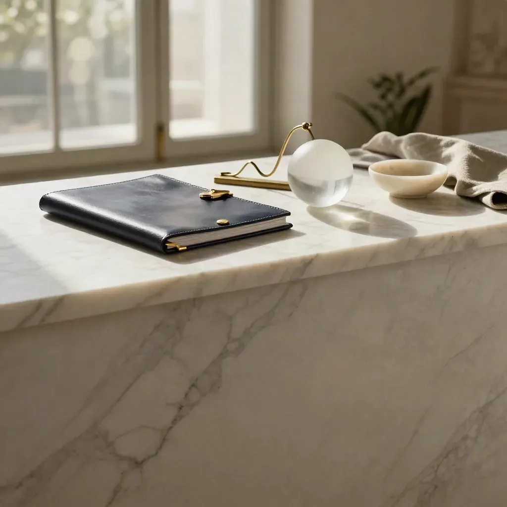 Sunlit marble ledge with finance folio, brass curve sculpture, stone bowl, linen cloth, and blurred windows.