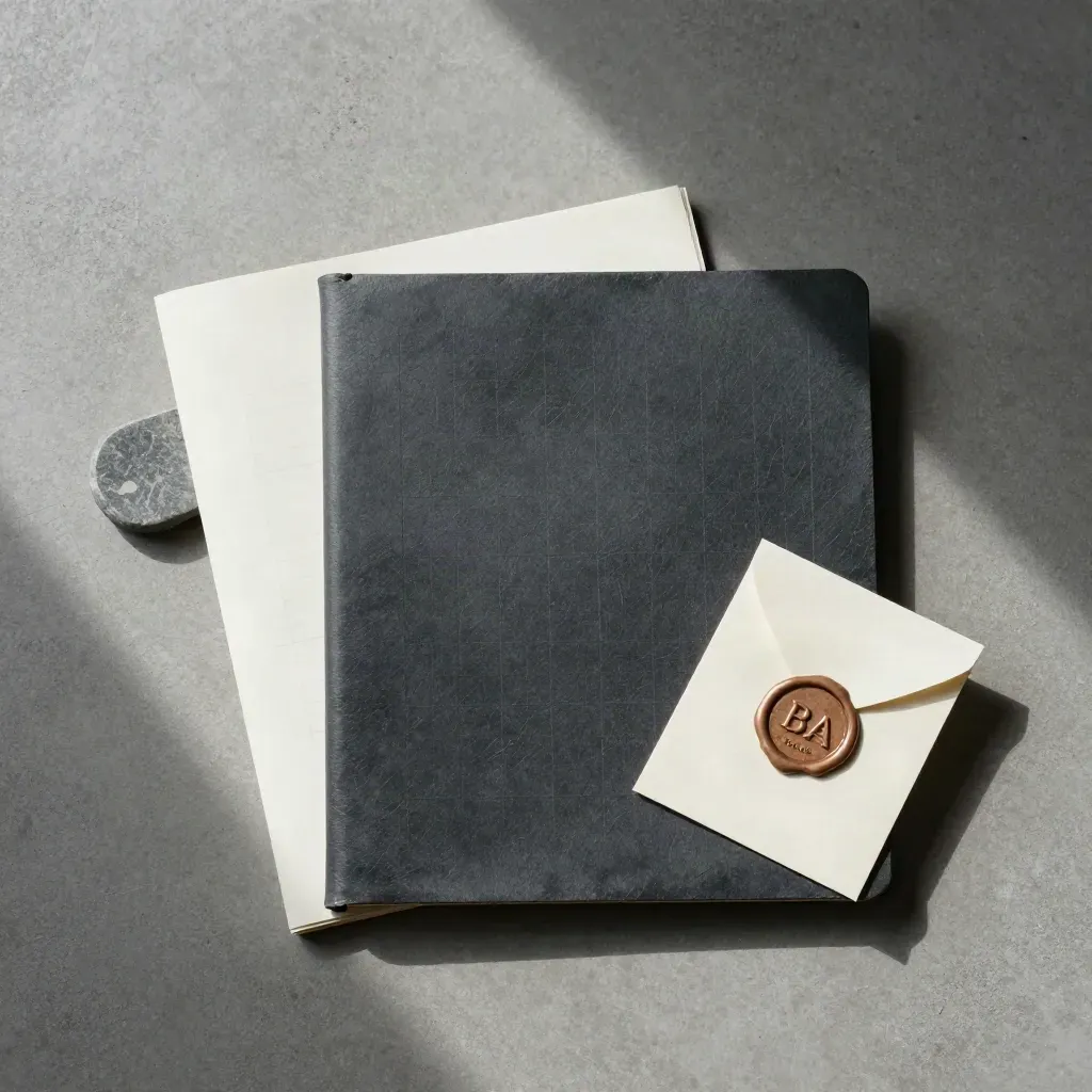 Overhead flatlay of a dark slate stock folio, inserts, stone clip, and sealed note on concrete.