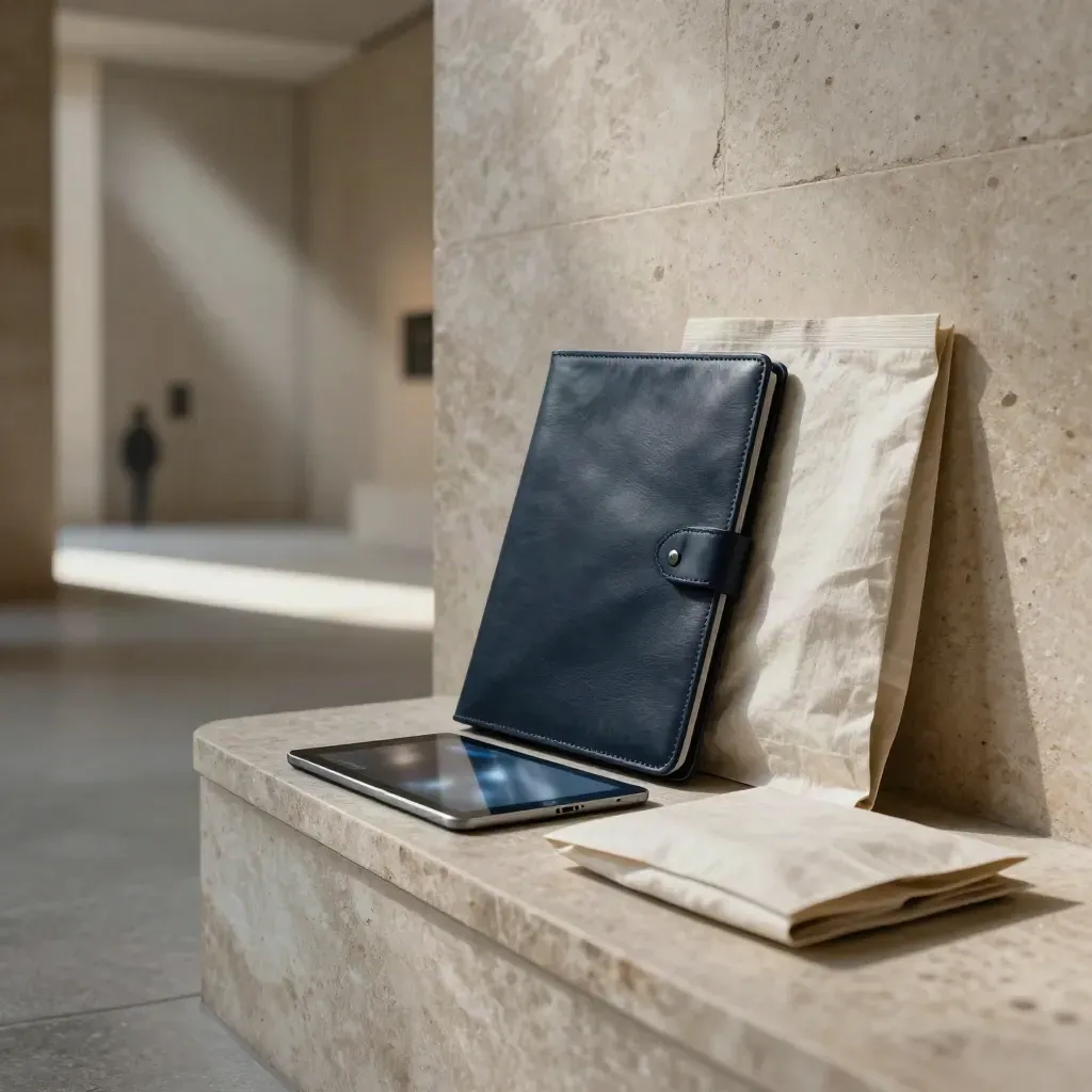 Sunlit stone corridor with a navy research folio, tablet glow, and concrete floor