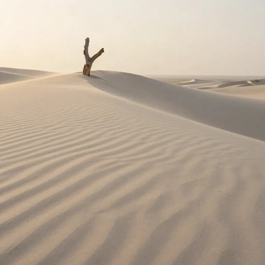 Sunlit sand dune with driftwood above calm beige copy space under a blurred horizon.