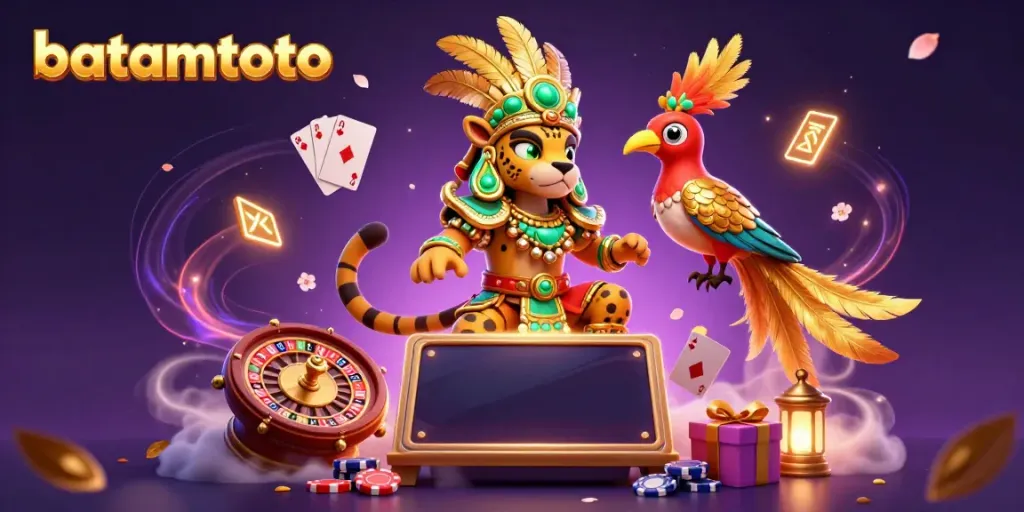 Ilustrasi 3D kartun detail tinggi menampilkan bagaimana batamtoto menghidupkan pengalaman permainan kasino.