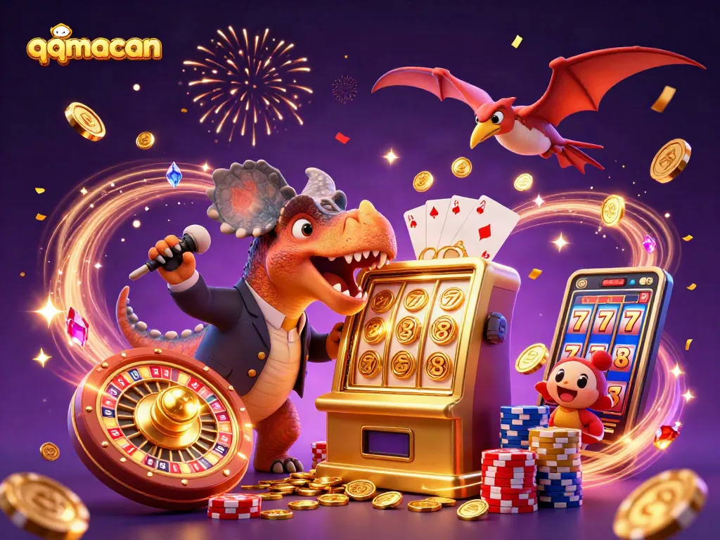 Experience the excitement of qqmacan as a dinosaur wins jackpot coins from a golden slot machine.