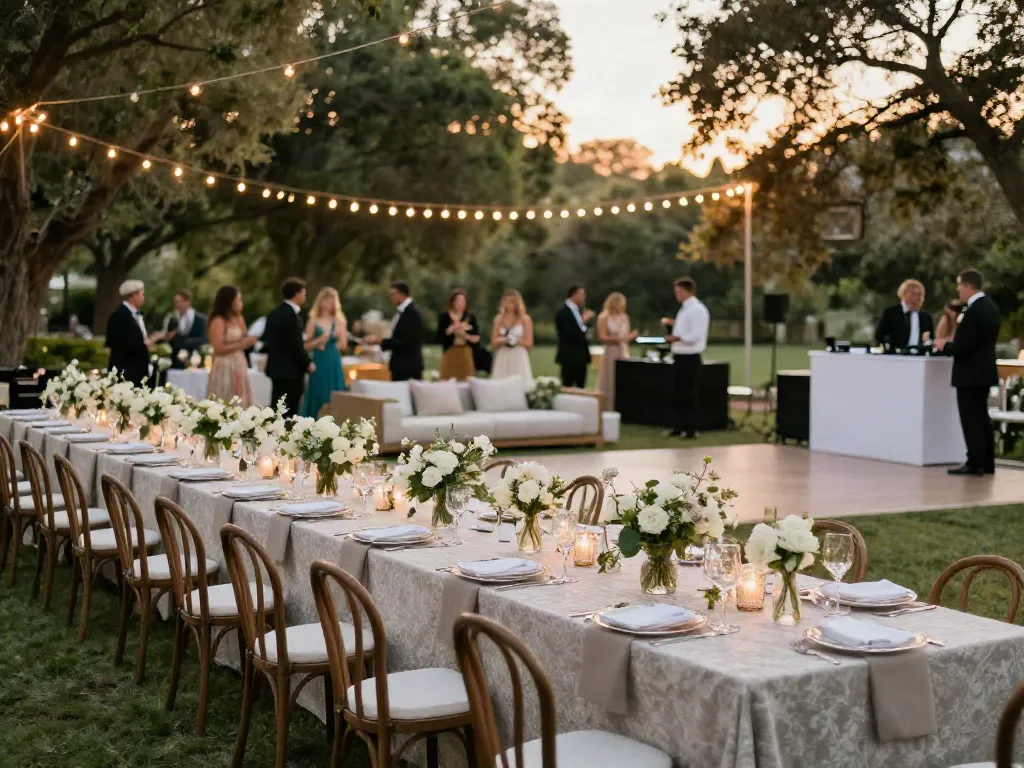 Event rentals setup for a luxurious outdoor wedding reception with elegant decor and atmosphere.