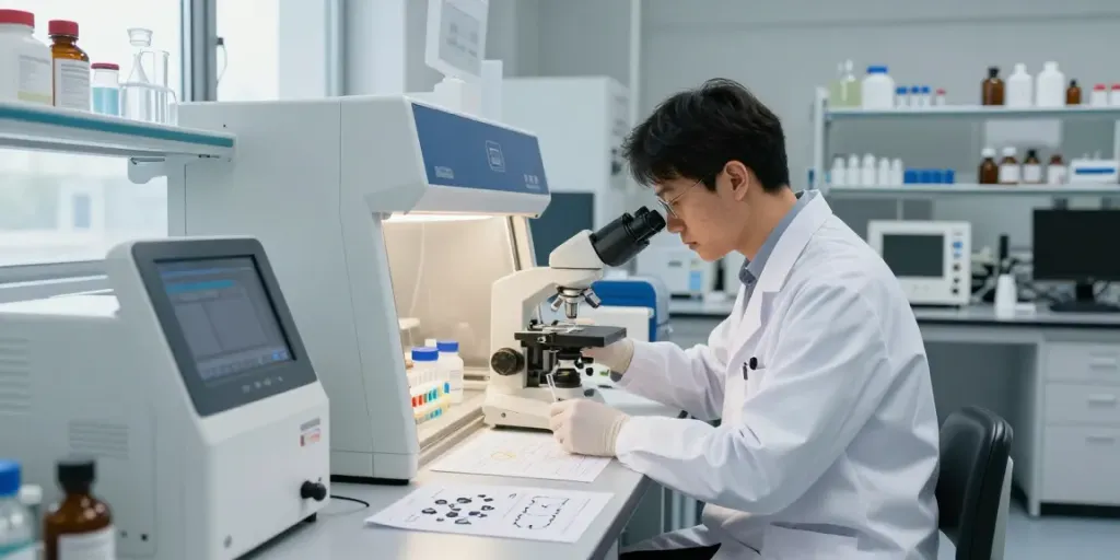 N188 trong phòng thí nghiệm y tế động lực với nhà khoa học phân tích mẫu nghiên cứu.