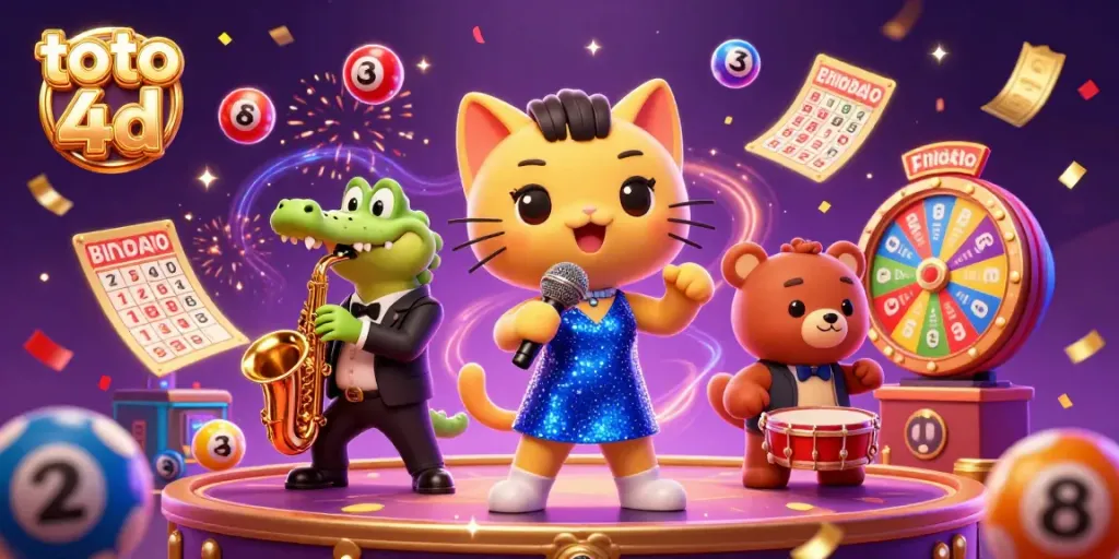 Gambarkan permainan toto 4d dengan kucing penyanyi jazz dan teman-temannya di panggung kasino.