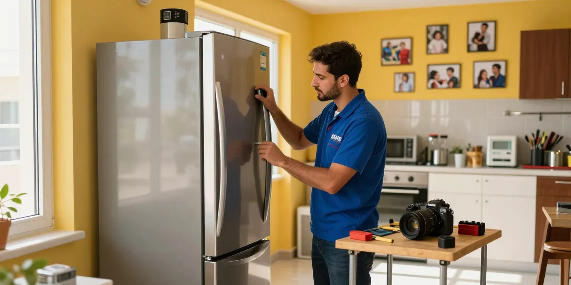 Refrigerator repair in-home setting showcasing technician working on a unit with tools, emphasizing expert service availability.