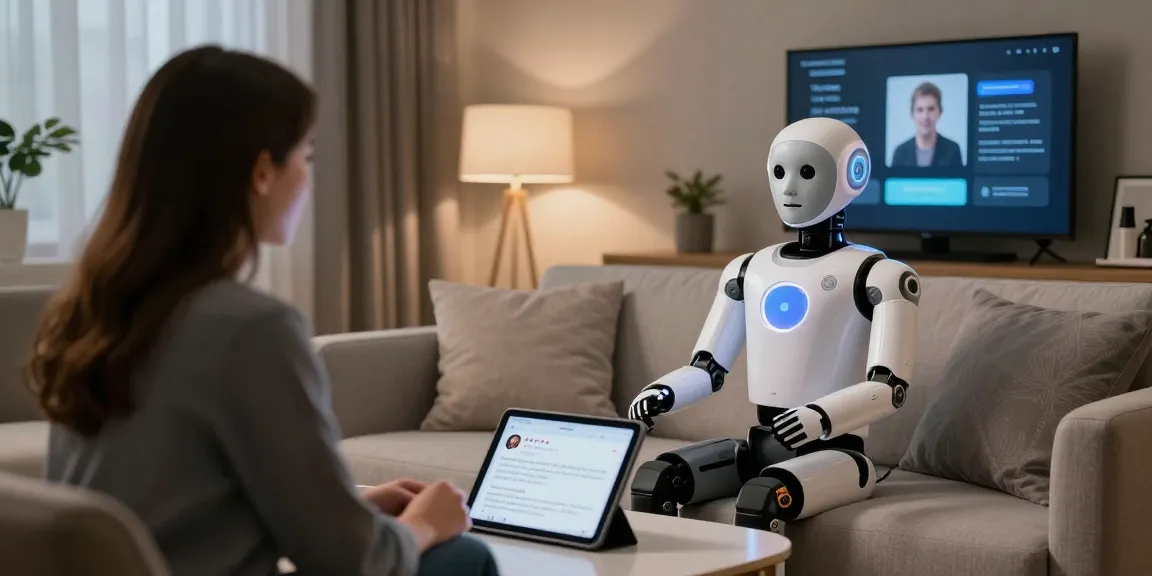 Engaging interaction between a user and a lifelike sex bot in a modern home setting, showcasing technology and comfort.