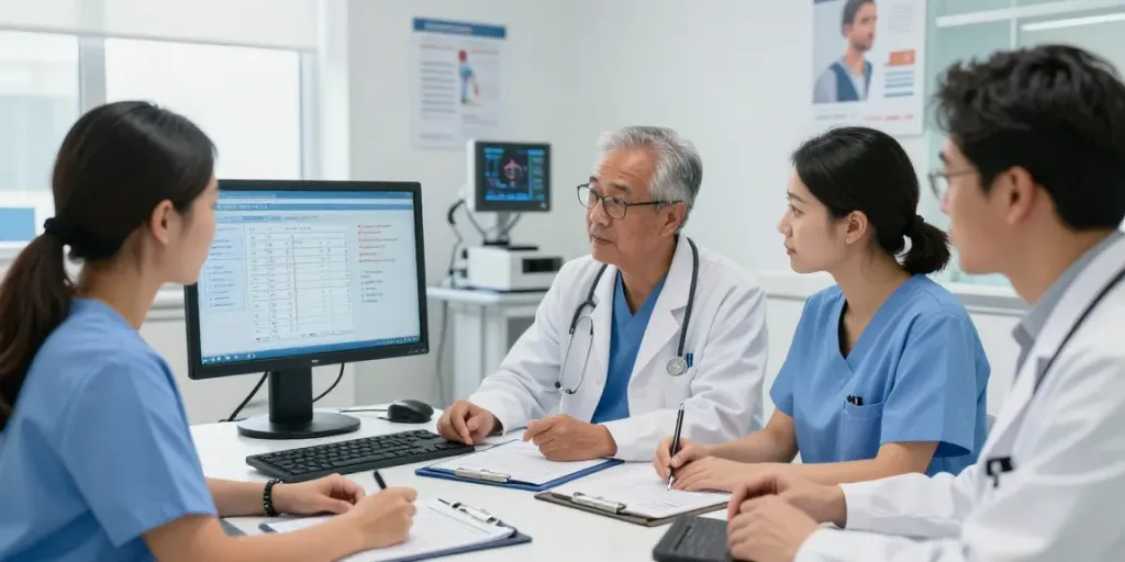 Medical team collaborating on esophageal cancer treatment plans in a modern clinic setting.