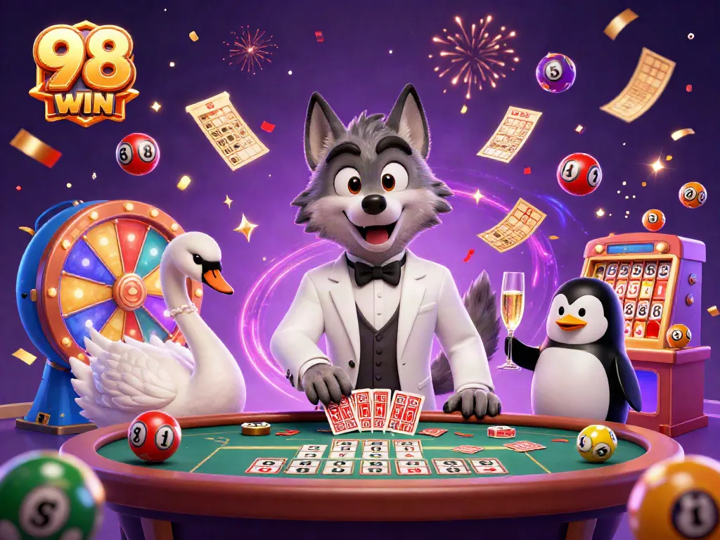 Engage in the thrilling world of 98 WIN COM with a vibrant casino scene featuring a wolf, swan, and penguin.