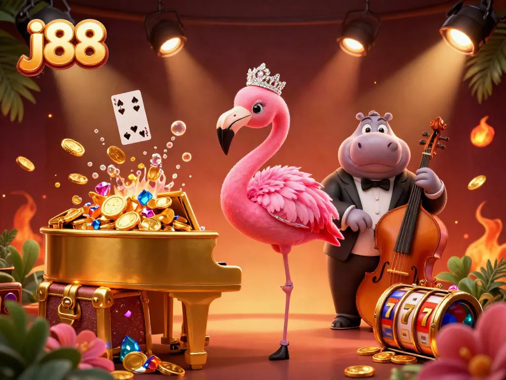 Win big with j88 in this vibrant casino scene featuring a flamingo singer and hippo bassist.