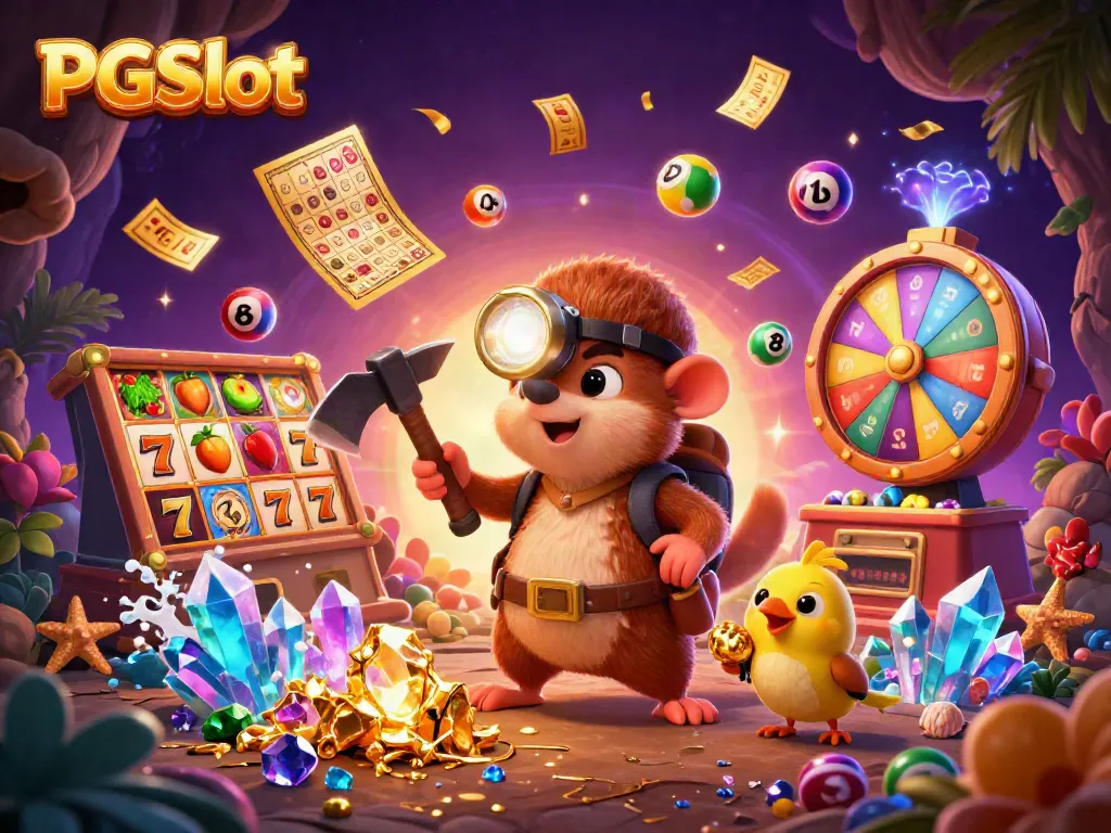 Engage with PGSlot gameplay in an enchanting setting featuring a treasure hunter mole, vibrant slot reels, and dynamic lottery elements.