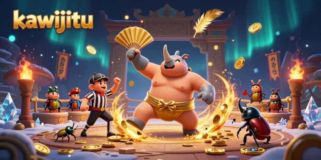 Engage with kawijitu action in a vibrant casino-themed battle featuring a rhinoceros beetle champion.