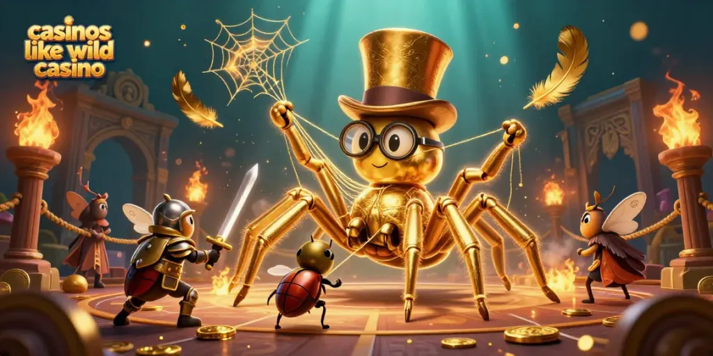 Experience thrilling fun at casinos like wild casino with a giant tarantula weaving golden webs in an exciting 3D scene.