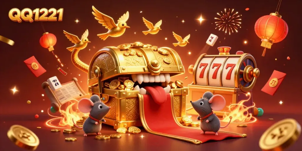 Engage with QQ1221's exciting online slot experience featuring a vibrant treasure scene.