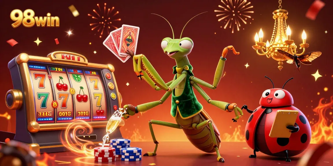 Engage in thrilling slots gameplay at 98win, featuring vibrant characters and celebratory elements.
