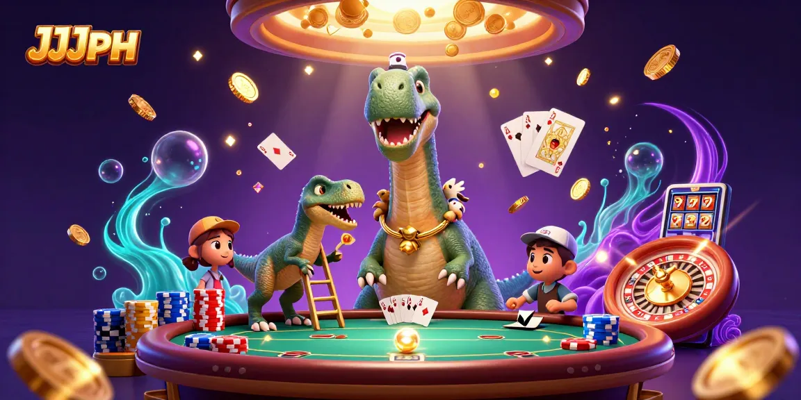 Experience thrilling gameplay with JJJPH, featuring a giant brontosaurus in a dynamic casino scene.