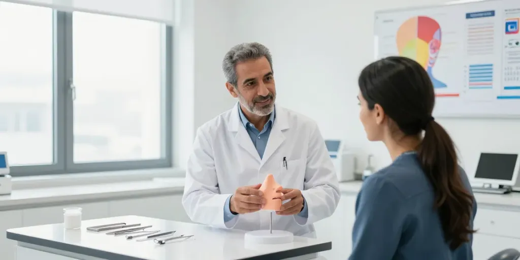 Dr Zahi Chacra Montreal consulting with a patient about rhinoplasty surgery in a bright clinic.