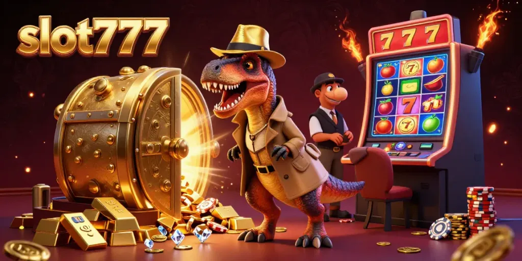 Experience thrilling action with slot777 as a clever velociraptor bets at a slot machine in a luxurious casino.