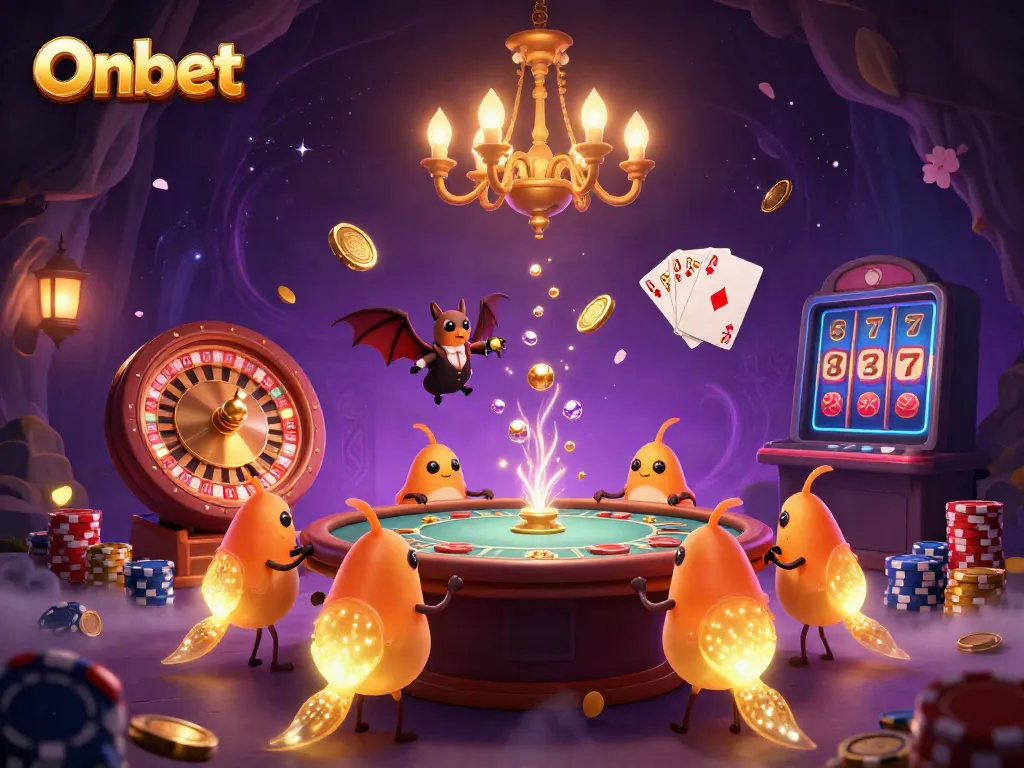 Engage in thrilling Onbet experiences surrounded by animated glowworms lighting up a casino environment, filled with sparkling gems and gold.