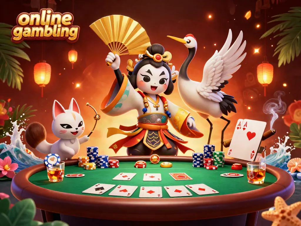 Engage in online casino gambling with vibrant game elements and dynamic characters showcasing poker action.