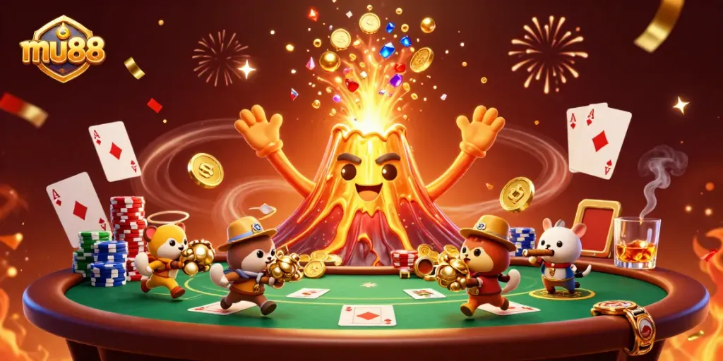 Experience the thrill of winning at mu88 with vibrant casino elements and a triumphant volcano.