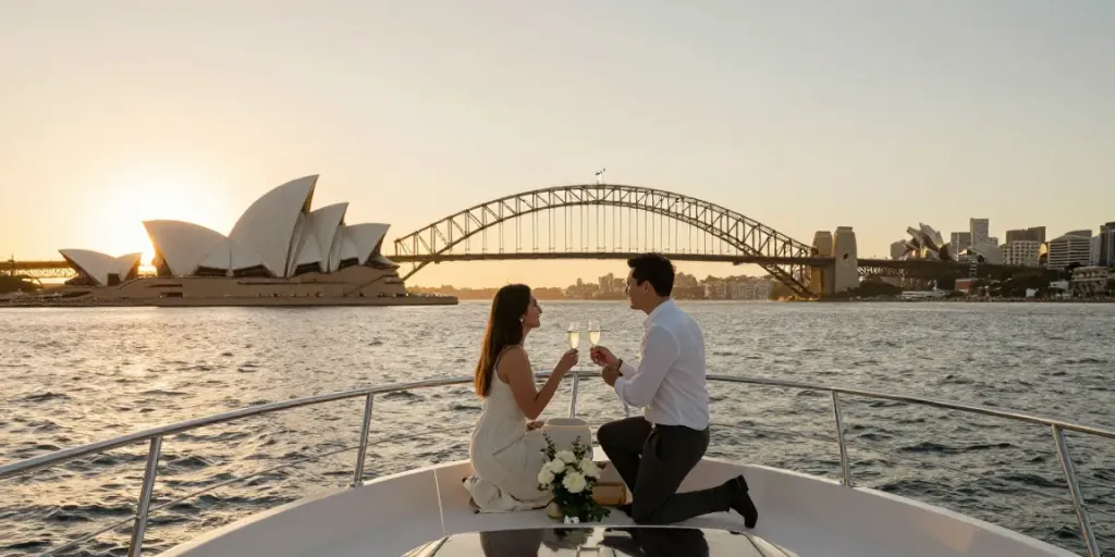 Proposal boat cruise Sydney at sunset on a luxury yacht, couple celebrating their engagement.
