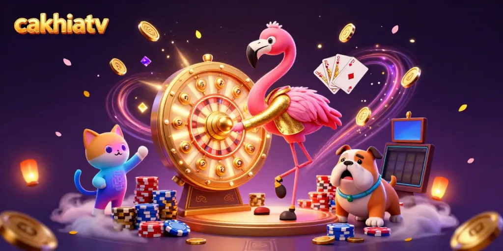 Cakhiatv offers a thrilling casino experience with a cartoon flamingo host and an excited bulldog contestant.