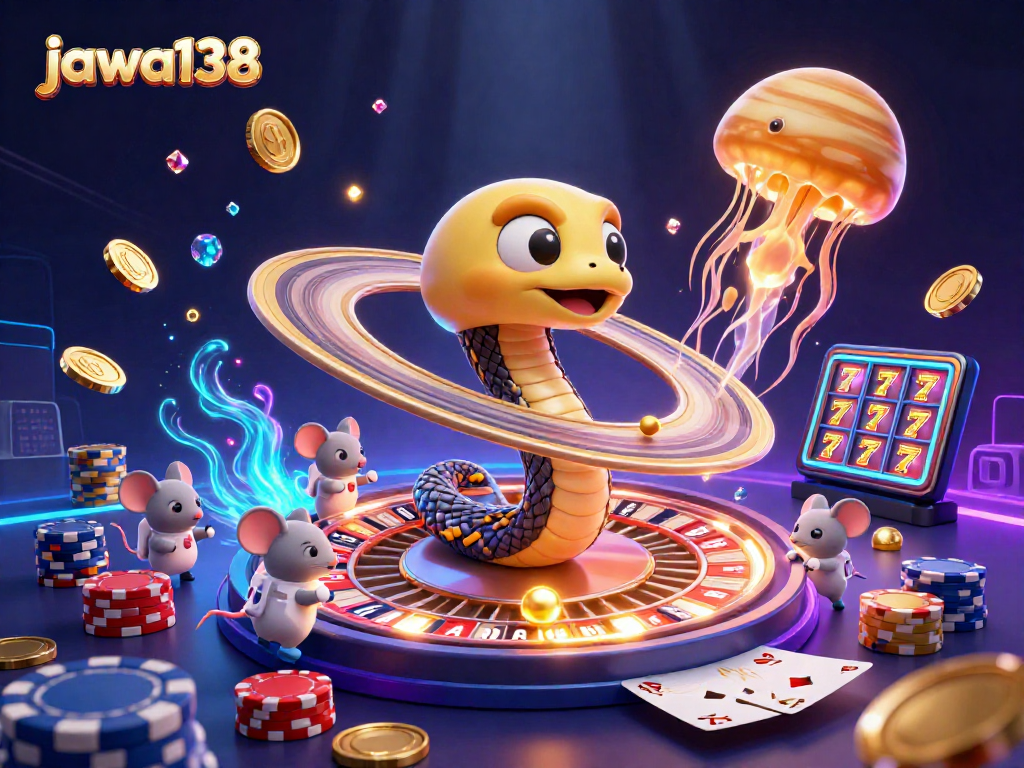 Experience the excitement at jawa138's cosmic casino with astronaut mice betting on a roulette wheel.