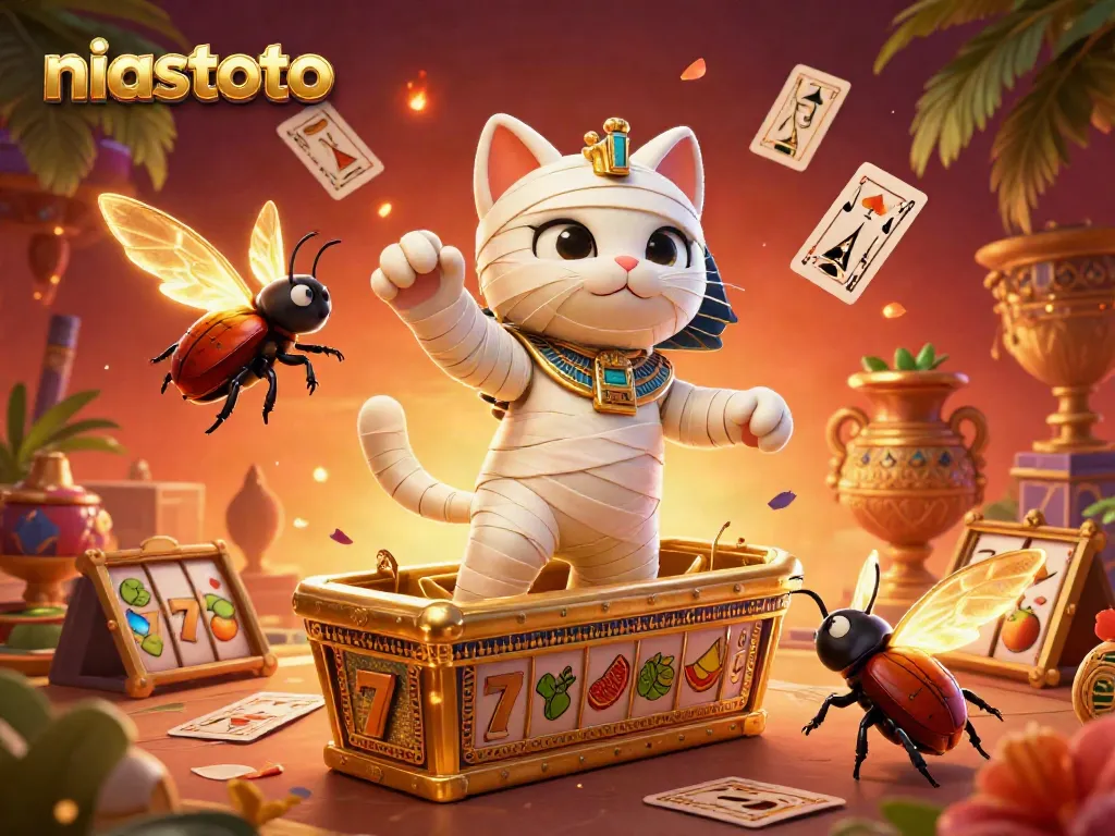 Experience adventure with niastoto in a vibrant casino scene featuring a mummy cat and glowing scarab.